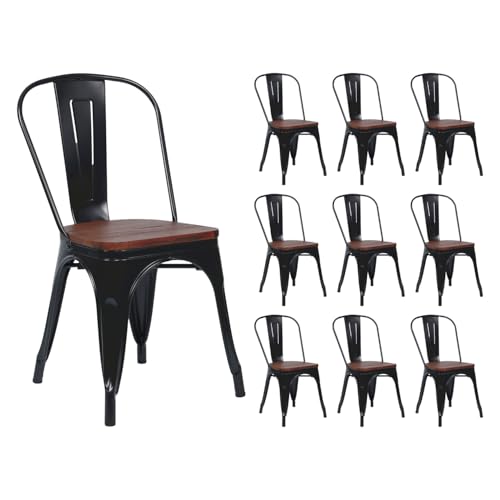 THINIA HOME Pack 10 Sillas Apilables Industriales de Acero y Madera 45x45x85cm