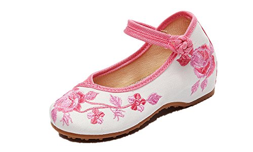 Tianrui Crown Girl's Peony Embroidery Mary-Jane Shoes Kid's Cute Flat Shoe Pink