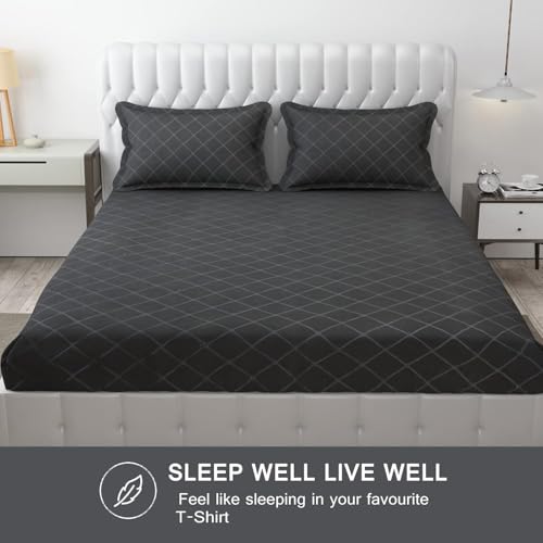Image of Blue Strip Polycotton Fitted Bedsheet, King 72x78 (Grey Check) | 300 TC | All-Round Elastic Grip | Soft, Breathable & Colourfast | Wrinkle Resistant | Machine Washable