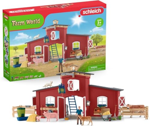 schleich FARM WORLD | Große rote Farm mit Bauernhaus 42606 | Set inkl. Haus, Bauer, Kuh, Schwein, Katze, Maus & Zubehör | detailgetreues Bauernhof Spielzeug für Mädchen & Jungen ab 3 Jahren | 92 Teile