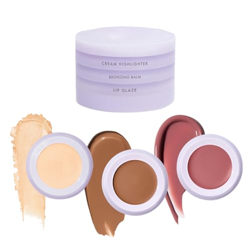 Subtl 3-in-1 Makeup Stack Cream Bronzer Powder Highlighter & Lip Glaze for On-the-Go Touch Ups Lightweight Travel-Friendly Blendable Balm (Light/Caramel)
