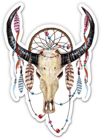 Bull Skull Dreamcatcher Dream Catcher - 3" Vinyl Sticker - for Car Laptop I-Pad Phone Helmet Hard Hat - Waterproof Decal