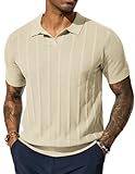 PJ PAUL JONES Polos for Men Fashion Textured V Neck Golf Polos for Beach Birthday Party Beige