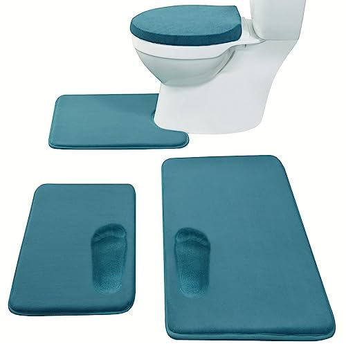 Madeals Memory Foam Bath Mat Set 4 Piece with Toilet Lid Cover and Combo Rug Teal Blue