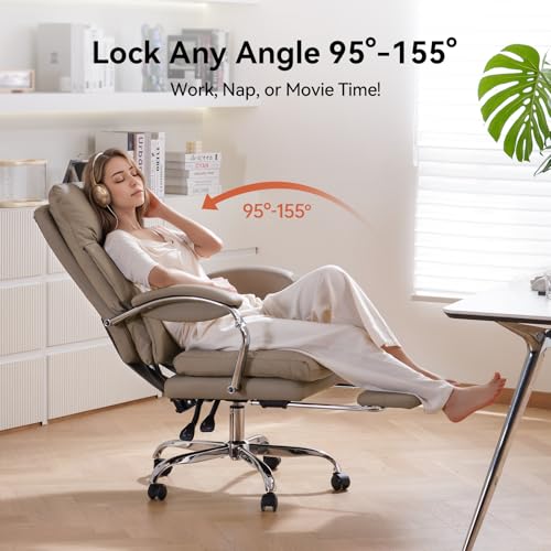 Image of LEAGOO Office Chair with Foot Rest, Executive Reclining Office Chairs with Arms, Ergonomic High Back PU Leather Comfy Swivel Computer Desk Chairs with Wheels and Lumbar Support for Home Office, Tan