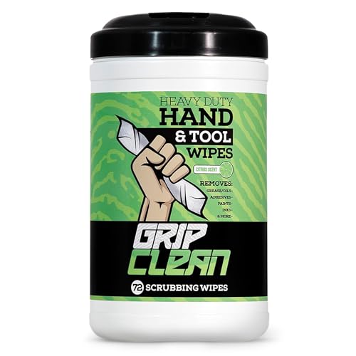Image of Grip Clean Heavy Duty Hand & Tool Cleaning Wipes - Waterless Hand Cleaner for Mechanics, Garage & Shop Use - Dual-Sided Grease, Oil & Paint Remover Wipes with Citrus Scent - 72ct