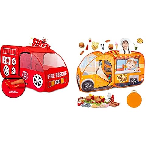 Fire Truck Tent - Food Truck Play Tent for Kids with 54 Pc. Play Food Set, Pop Up Playhouse with Pretend Play Toy Food Set for Kids, Toddlers, Girls & Boys, Children’s Play Tent Ball Pit, Indoor & Out Cover
