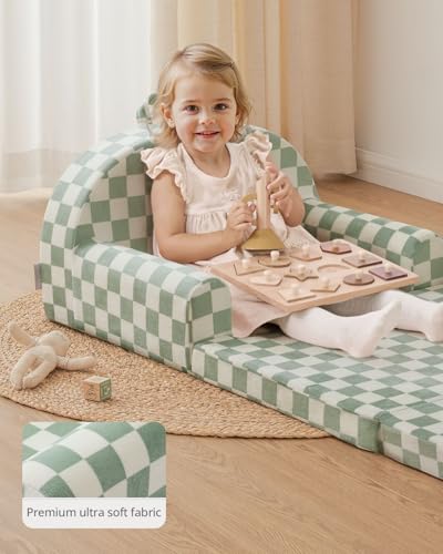 Image of Blissful Diary Kids Couch, 2-in-1 Comfy Kids Chair for Reading, Playroom, Kids Couch Sofa for Girls Boys Birthday Gift, Sage Checkered