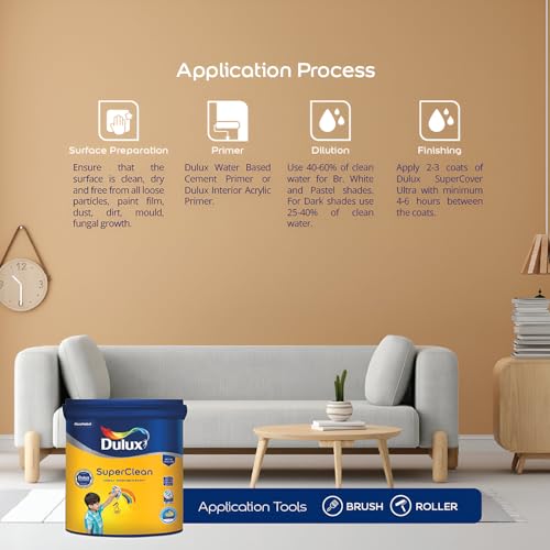 Image of Dulux SuperClean Interior Emulsion Paint For Walls | Soothing Sheen & Rich Finish | Washable & Easy To Clean | Water Based Durable Paint (20L, Br.White)