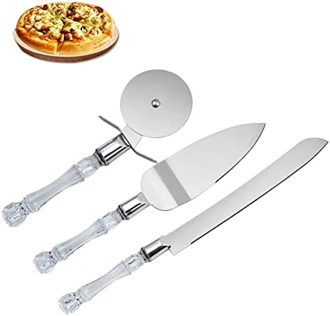 3 PCS Cake Cutting Set for Wedding, Hsxxf Stainless Steel Cake Knife Server Set and Pizza Cutter Wheel with Faux Crystal Handle for Pizza Wedding Cake Birthdays Anniversaries Parties (3)