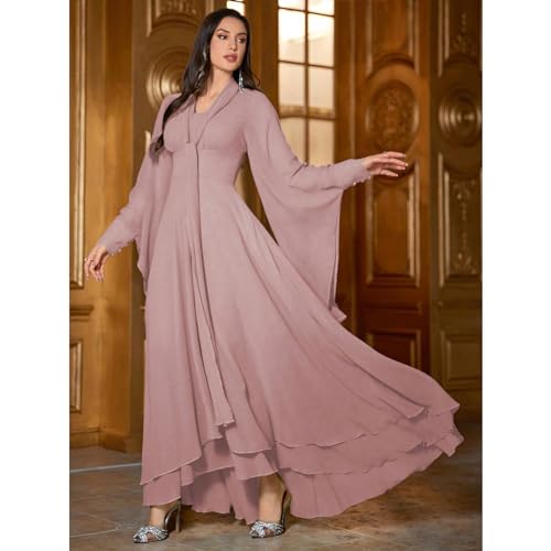 Image of TOLEEN Casual Dresses for Women Long Sleeve Flowy Swing Chiffon Maxi Dresses Pink, X-Large