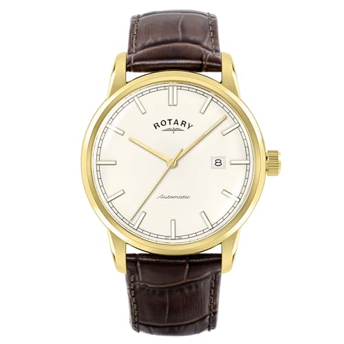 Rotary Mens Heritage Automatic Gold Plated Stainless Steel Brown Leather Strap Watch