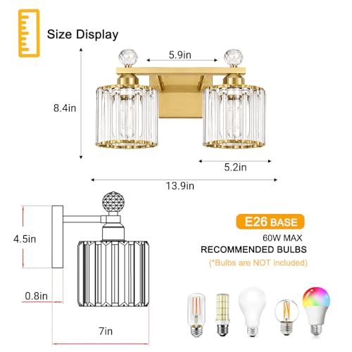 Image of Lxybcce Modern Crystal Bathroom Vanity Light, 14In 2-Lights Bathroom Light Fixtures, Gold Vanity Light Fixtures Over Mirror, Easy Installation & Shadow-Free Illumination for Bathroom Mirror Decor