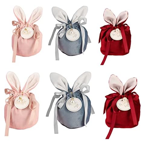 Ercheng 12 PCS Bunny Ear Gift Bag, Velvet Drawstring Bags, Flannel Candy Gift Wrap Bags Party Favors Wrapping Bag with White Pearl & Sweet Gift Card Cover