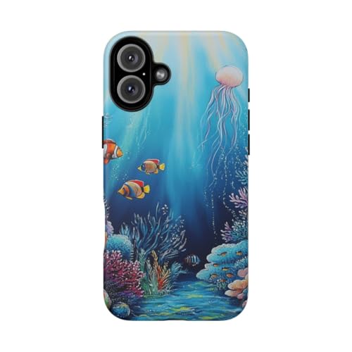 Coque iPhone 16 Plus rigide mate bleu motif récif corallien