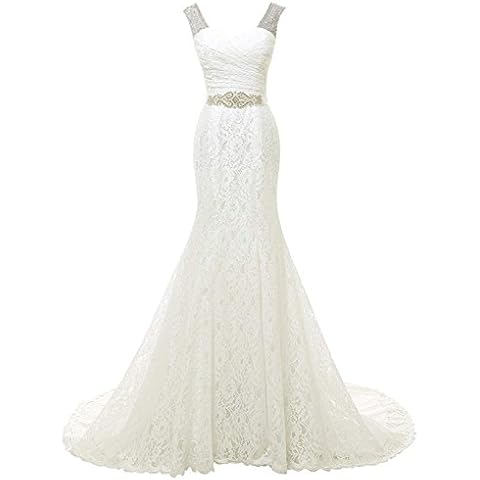 Solovedress Women's Beaded Lace Evening Dress Prom Bridal Gown Beach Mermaid Wedding Dress (Ivory,UK14) Cover