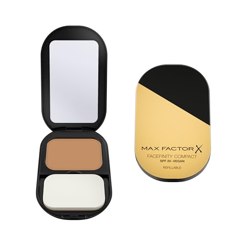 Max Factor Facefinity - Base de maquillaje compacta vegana con cobertura modular y acabado mate, duración de hasta 24 horas, SPF 20, 076, dorado cálido, 10 g
