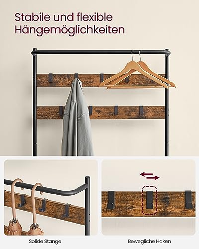 VASAGLE Garderobenständer, Garderobe mit Schuhbank, Kleiderständer, Kleiderstange, 9 abnehmbare Haken, 32,2 x 84 x 180 cm, Industrie-Stil, für Flur Schlafzimmer, vintagebraun-schwarz HSR421B01