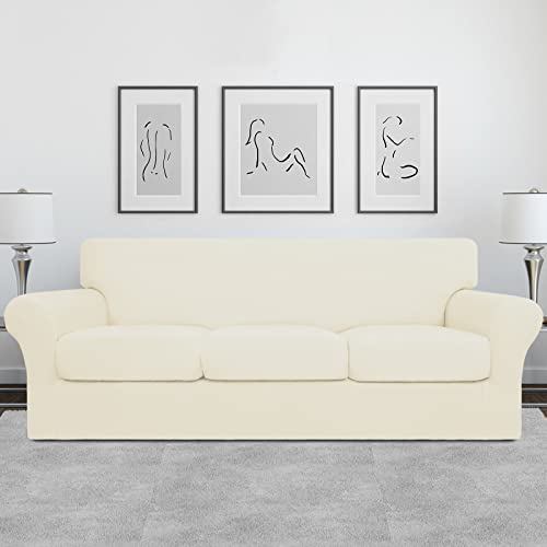 Image of Easy-Going 4 Pieces Oversized Stretch Couch Cover for Dogs Washable | Sectional Sofa Slipcover for 3 Separate Cushion Couch - Elastic Furniture Protector for Pets, Kids Ivory