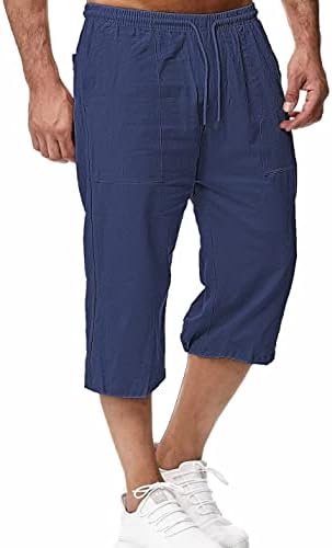 Mingzhu Men's Linen Shorts Below Knee Elastic Waist Drawstring Summer Capri Pant with Pockets(0101-Navy-XL)