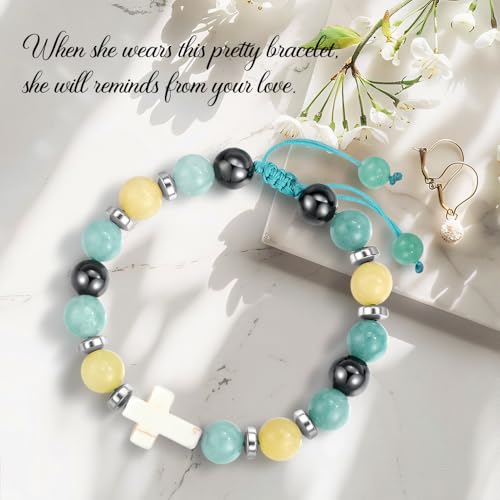 Image of Cross Natural Stone Bracele for girls，Birthday Confirmation First Communion Baptism Gifts for Daughter Granddaughter from Mom Grandmother Matching Jewelry Gift Grade Graduation -52 (Green)