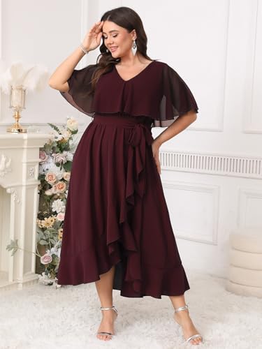 Image of Women Plus Size Long Formal Dress Short Sleeve Chiffon Ruffle V Neck High Low Split Wedding Guest Maxi Dresses
