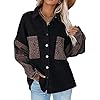 Dokotoo-Womens-Contrast-Leopard-Denim-Jacket-Long-Sleeve-Button-Down-Shirts-Boyfriend-Oversized-Blouses-Tops Dokotoo Women Lightweight Collared V Neck Shirts Leopard Patchwork Color Block Roll Up Long Sleeve Button Down Denim Jacket Shacket Pockets Blouse Tops for Ladies M Black