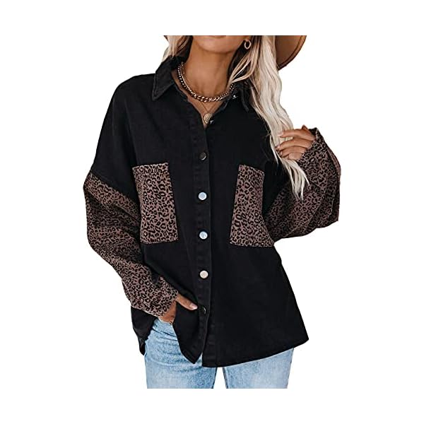 Dokotoo-Womens-Contrast-Leopard-Denim-Jacket-Long-Sleeve-Button-Down-Shirts-Boyfriend-Oversized-Blouses-Tops Dokotoo Women Lightweight Collared V Neck Shirts Leopard Patchwork Color Block Roll Up Long Sleeve Button Down Denim Jacket Shacket Pockets Blouse Tops for Ladies M Black