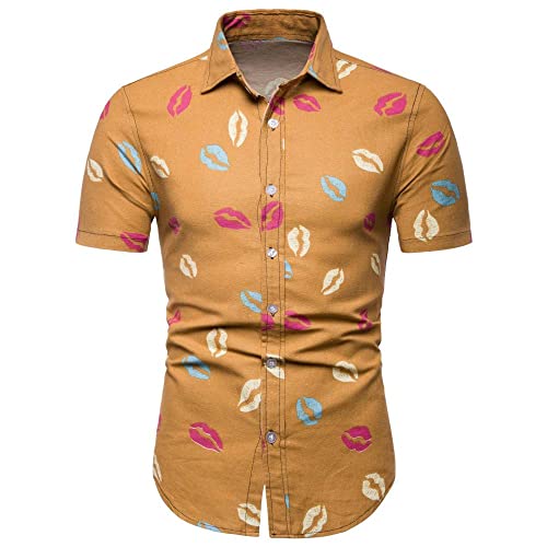 Chemise de plage hawaïenne pour hommes à manches courtes motif lèvres kaki
