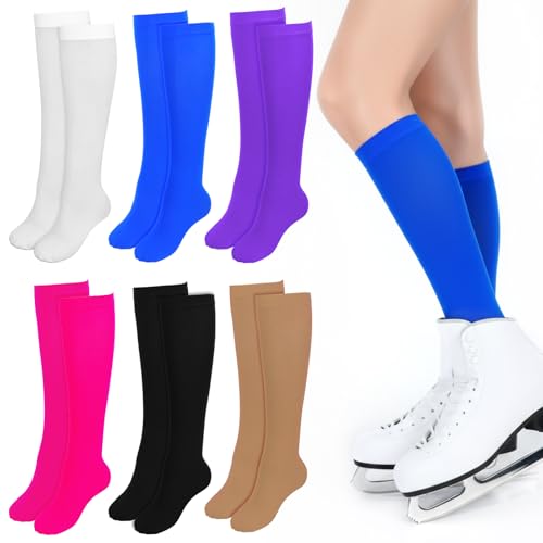 Telooco 6 Pairs Ice Skating Socks, Compression Knee High Figure Skating Socks Soft Elastic Skate
