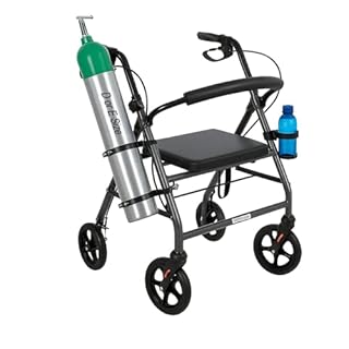 Oxygen Tank Holder for Walker, Rollator & Wheelchair – Fits D & E Size Cylinders – Steel Bracket with Secure Straps – with Cup Holder – Easy Install for 1" or 1 1/8" (25–28.6 mm) Tubes