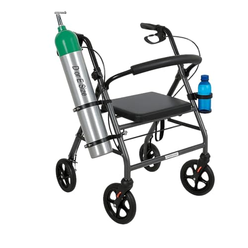 Oxygen Tank Holder for Walker and Rollator Fits D and E Cylinders for 1 inch to 1 1/8 inch 25 to 28.6 mm Tubes ONLY Steel Bracket with Secure Straps and Cup Holder Check Fit Before Purchase