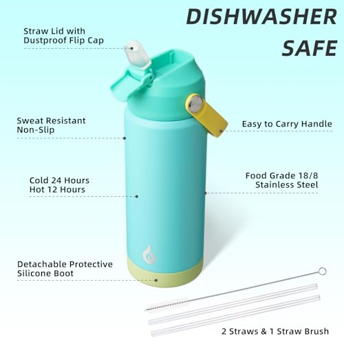 Image of BJPKPK Insulated Water Bottle with Straw Lid, 18oz Thermo Water Bottles, Flex Handle & Non-slip Boot, BPA Free Leak Proof Stainless Steel Metal Thermo, Tumblers, Cups,Twilight Blue