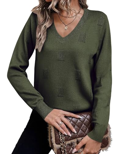 Zeagoo Pull en tricot léger à col en V pour femme, manches longues, coupe régulière, pull uni pour l'automne, Vert militaire, S