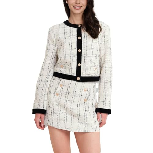 Women's Tweed Jacket & Shorts Set - Cropped Bouclé Button Jacket with Black Trim and High-Waist Shorts, Office & Events (Cream,Large)