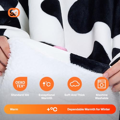 Image of Giggling Getup Wearable Blanket Hoodie for Women and Men Sherpa Fleece Hooded Blanket Sweatshirt Warm Cozy Sherpa Wearable Throw Oversized Hoodie with Giant Pocket & Sleeves for Adult Cow