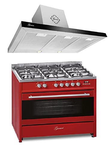 GURARI Gas Elektro Standherd GCH E 911 R+GCH F 462 IS 9 Prime 90 cm/Range Coocker / 121L / 8 Funktionen/Erd-/Propangas + Dunstabzugshaube 90 cm 1000m³/h Wandhaube in Edelstahl Glas