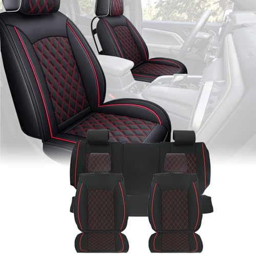 ROCCS Full Set Seat Covers for Chevy Colorado 2015-2026, Colorado Crew Cab/Z71/LT/ZR2/Work Truck Airbag Safe Waterproof Leather Seat Protectors with Red Stitching