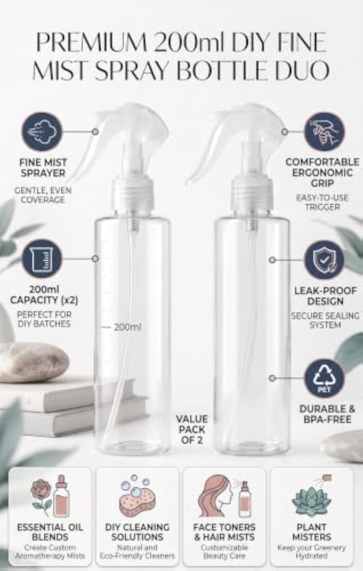 Premium Clear Spray Bottle (200ml) with Fine Mist Nozzle