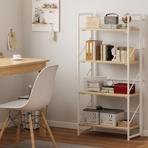 Image of JSB No Assembly Folding Bookshelf, 4 Tier Industrial Metal Book Shelf for Storage, Vintage Wood Foldable Bookcase for Living Room, Bedroom, Office Organization Shelves