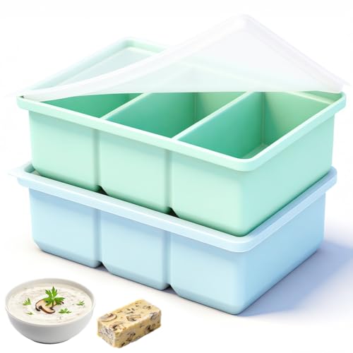 Set of 2 Silicone Freezer Moulds, Soup Freezing Container Makes 6 1 Cup Soup Serving Moulds, Soup Freezer Ice Cube Tray for Broth Sauce Ice Cream (Blue + Green, 250 ml)