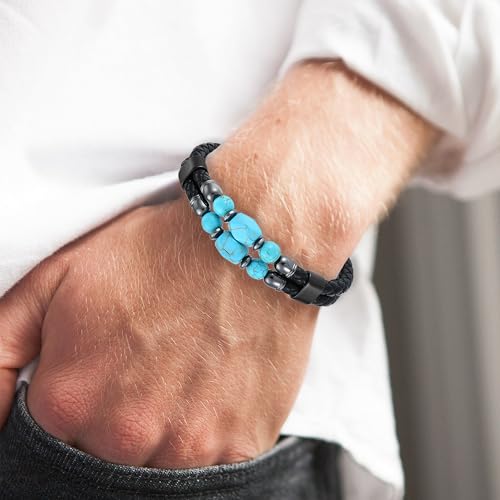 Turquoise/Tiger Eye/Lapis Lazuli/Black Onyx/Obsidian Leather Cuff Bracelet Protection Healing Stone Jewelry for Men, 8.27in/21cm3