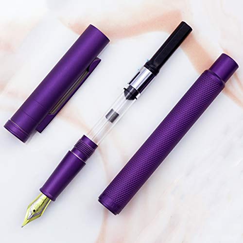 Image of Asvine Purple Fude Pen, Bent Nib Fountain Pen Calligraphy (Fine to Broad) with Converter and Metal Pen Case Set