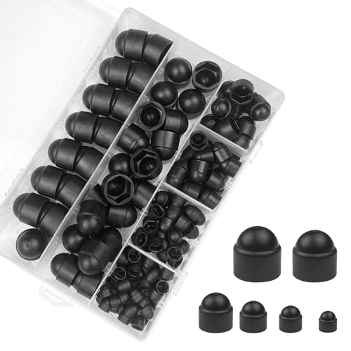 Frevoitna 145 Stück Abdeckkappen für Muttern, für M4-M12, Sechskantmutter Kappe, Sechskantschrauben Schraubenkappe Kunststoff, Innensechskant hutmuttern Schwarz, Runde Sechskant Schutzkappen, Boxed