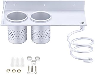 YOCZOX Hair Dryer Holder, Wall Mount Hairdryer Straightener Spiral Holder Rack, Multifunctional Bathroom Accessories Organizer Collection Storage Shelf Rack, with 2 Cups & Socket Plug Holder