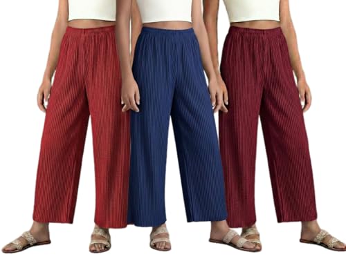Image of Set of Combo Trouser and Pants for Girls and Women's Relaxed Fit Stretchable Regular Fit Palazzos Lightweight Elastic Waistband Bottoms for Daliy Office & Casual Wear