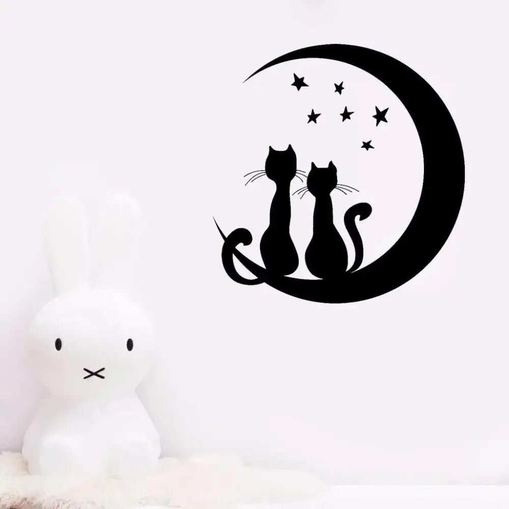 Moon Stars Cat Wall Vinyl Stickers Girl Nursery Romantic Night Decor for Kids Bedroom Removable Wall Decal Cute Ornament 42x43cm