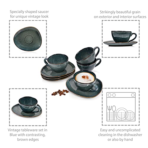 Sänger Darwin 8-Piece Coffee Cups Set For 4 People Stoneware Tea Cup And Saucer Expandable Everyday Breakfast Brunch Dinner Outdoor Coffee Service #TOP3