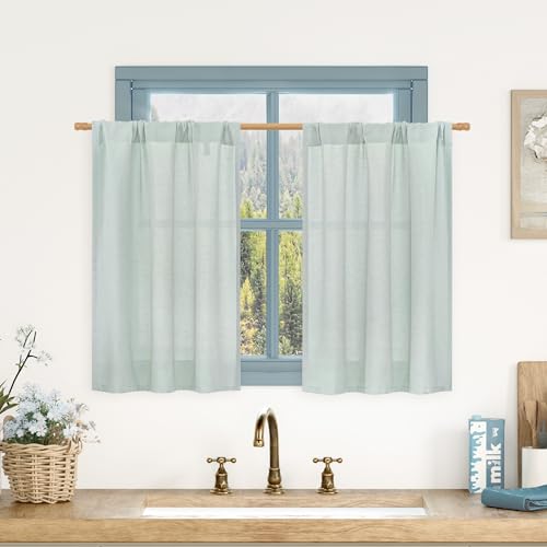 Image of LAMIT Light Filtering 30 Inch Linen Curtains 2 Panels for Kitchen Window