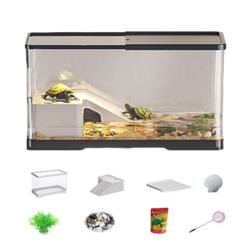 Quxxuol 亀 水槽 亀の飼育ケース 水槽セット 亀ケージ【蓋付き/収納機能/水交換超簡単/餌やりが便利】 360°観察 透明 軽量 両生類用 カメ生息地 魚用水槽用も可能 (ブラック,大きい)